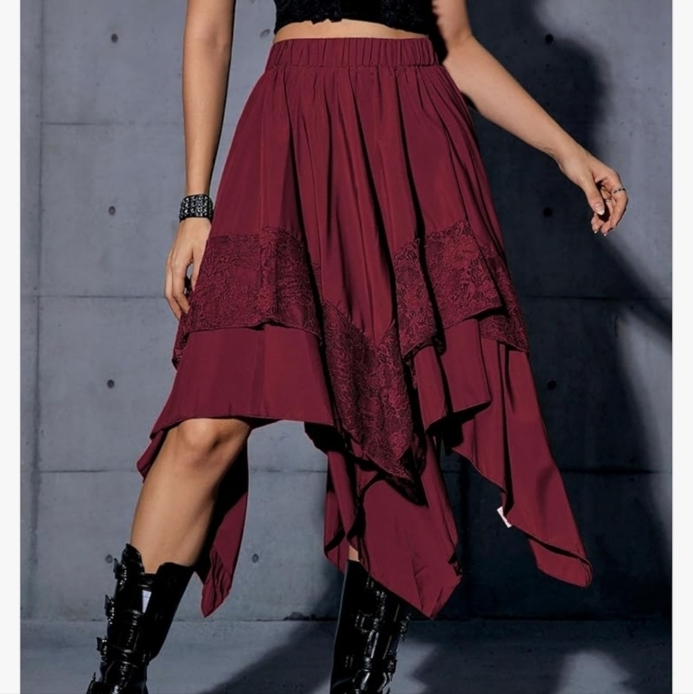 Burgundy Asymmetrical Hi Low Skirt With Lace Detail - Picture 4 of 16
